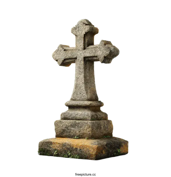 [Transparent Background PNG]Antique Stone Cross Monument in a Cemetery