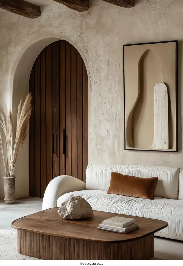 Modern Beige Living Room with Wooden Accent