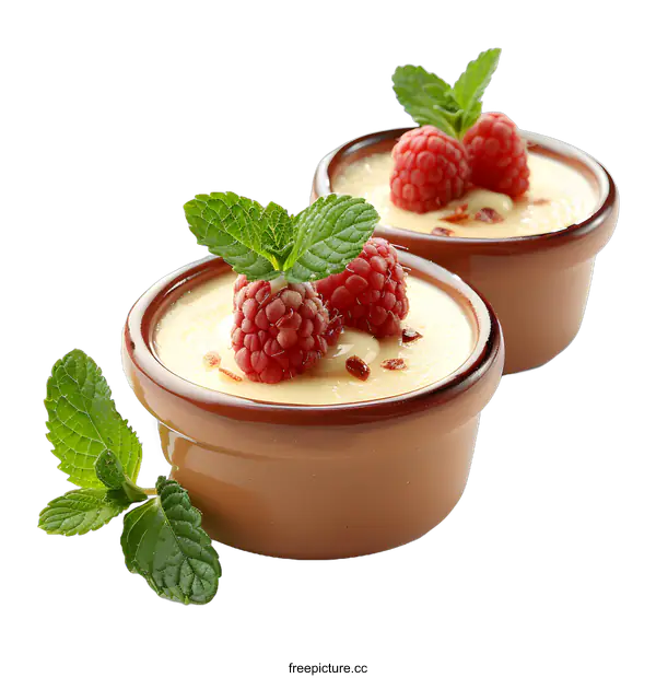 [Transparent Background PNG]Two ceramic bowls of vanilla custard dessert with fresh raspberries and mint leaves