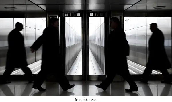 Silhouettes of People Walking Through a Doorway in an Airport