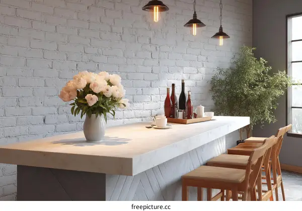 Modern Cafe Interior Design with White Brick Wall