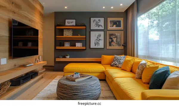 Modern Living Room Interior Design with Yellow Sofa