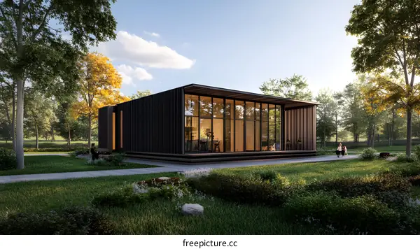 Modern Glass House in a Forest Setting with Two People