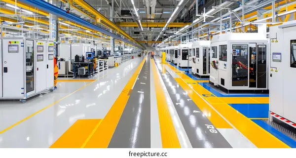 Modern Factory Production Line with Yellow And Blue Floor Markings