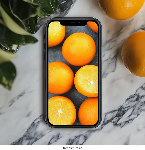 Close up view of orange fruit on a smartphone screen