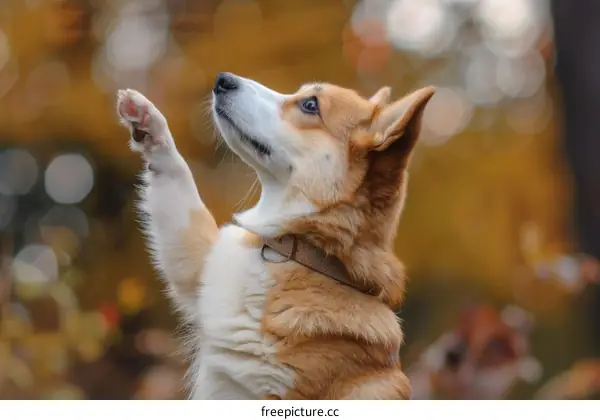 A cute corgi dog raising its paw in the air