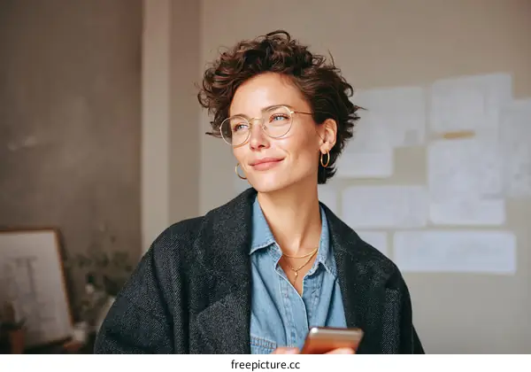 Thoughtful Woman Holding Smartphone in Modern Office