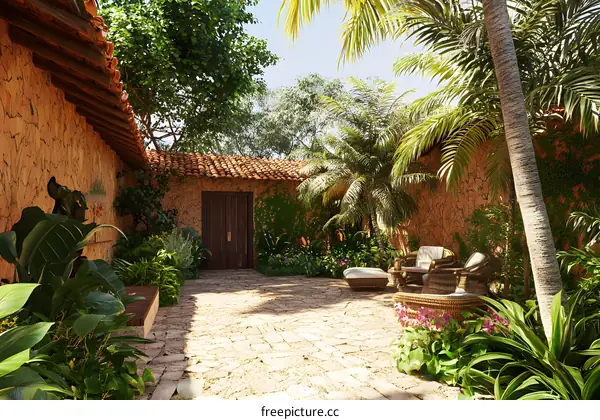Tropical Garden Patio with Wicker Chairs and Palm Trees