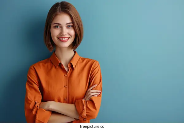Portrait of a young woman with short brown hair and brown eyes, wearing an orange shirt, smiling at the camera