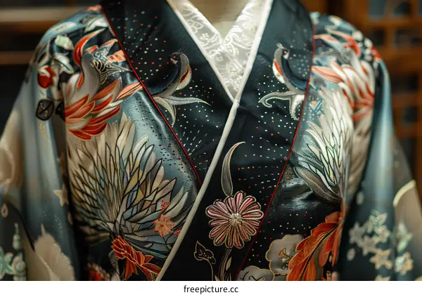 A close-up of a kimono with intricate embroidery