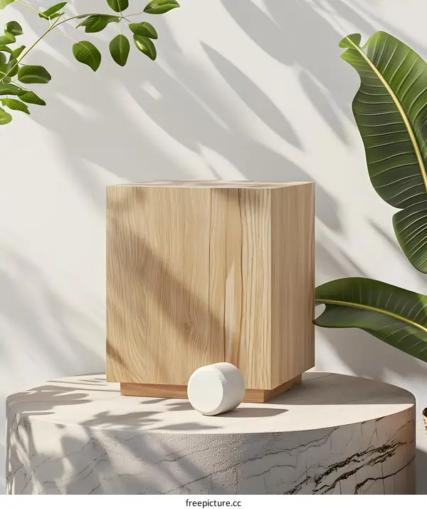 Minimalist Product Display with Wooden Platform and Round Stone