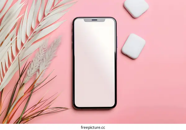 Flat Lay with Smartphone and Dried Plants on Pink Background