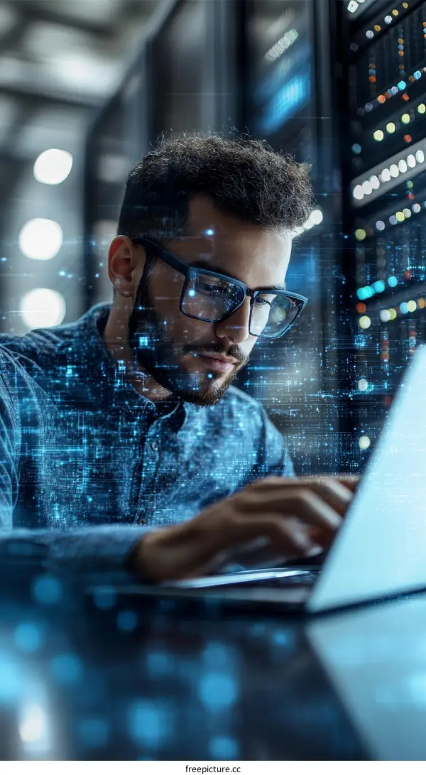 Focused IT professional working on a laptop in a server room
