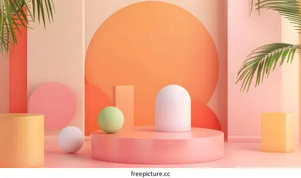 Abstract 3D Render with Palm Tree and Geometric Shapes