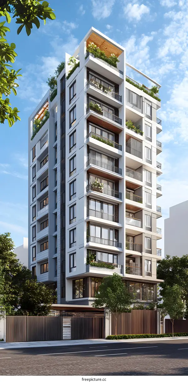 Modern Architecture Building Exterior Design With Balconies And Greenery