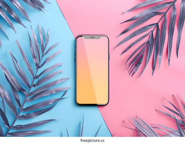 Modern Smartphone with Tropical Palm Leaves on Colorful Background