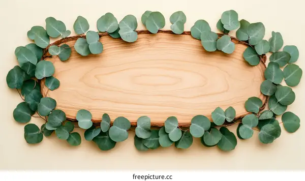 Wooden Slice Decorated with Eucalyptus Leaves
