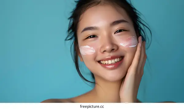 Smiling Asian Woman Applying Face Cream