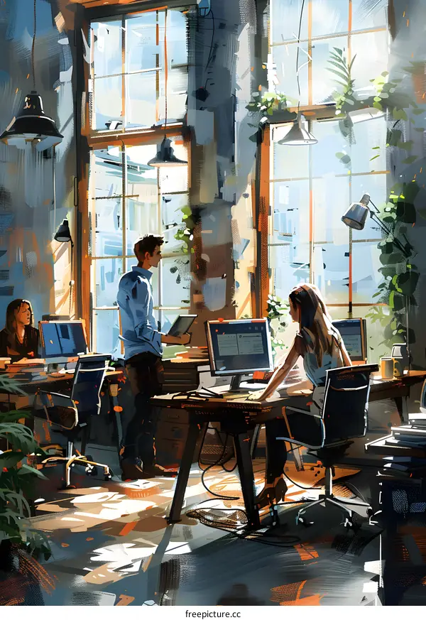 three people in an office space with large windows