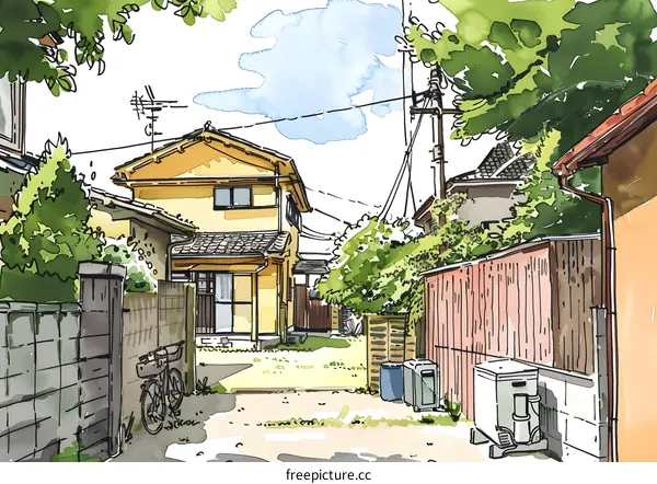 Watercolor Illustration of a Japanese House with a Fence