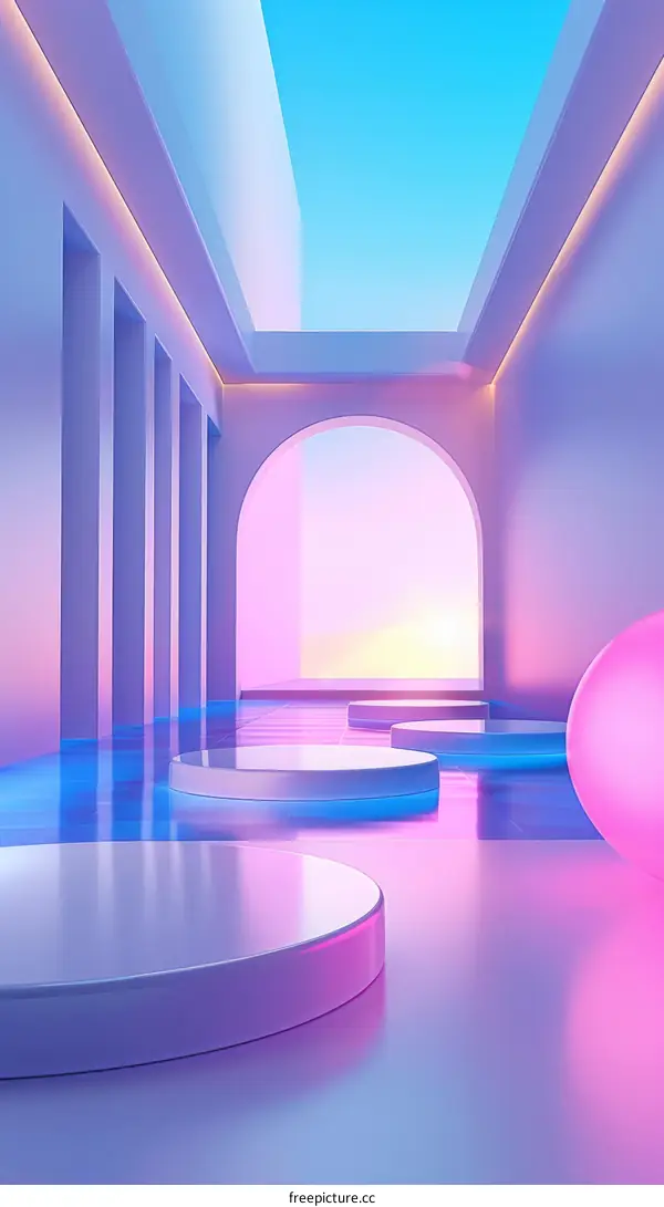 Abstract Minimal Scene With Podiums And Geometric Shapes In Blue And Pink Colors
