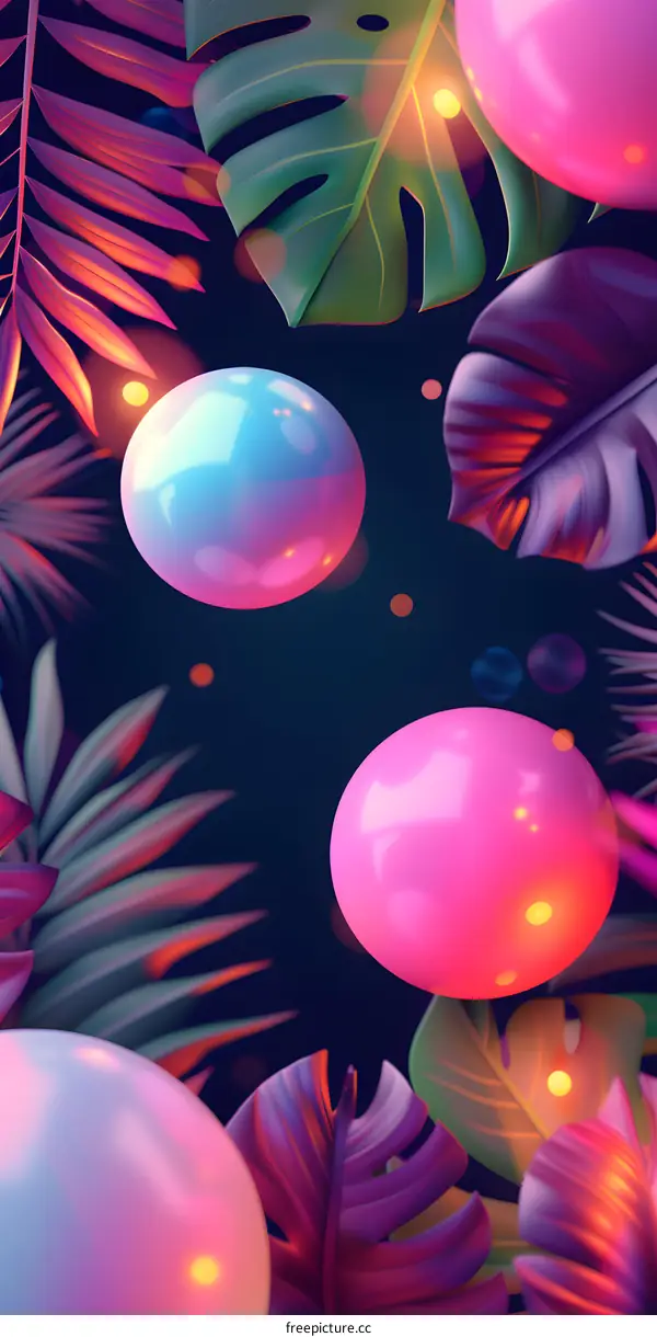 Tropical Neon Background with Shiny Spheres and Green Leaves