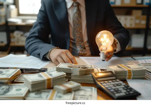 Businessman has a bright idea while working with financial documents