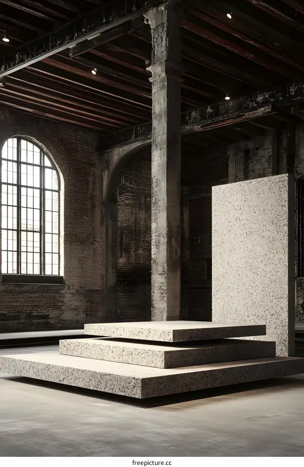 Stacked Stone Platform Inside Old Brick Building