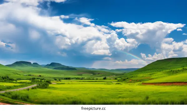 A verdant valley with a rainbow
