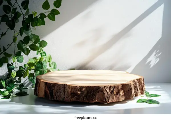 Wooden Slice Display with Greenery and Natural Light