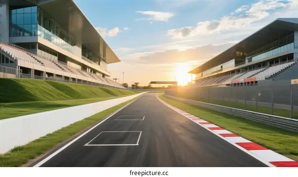 Sunset Over Modern Race Track with Empty Stands and Green Grass