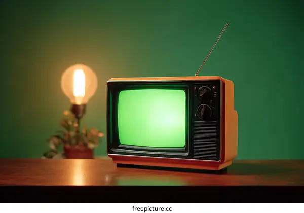 Vintage Retro TV on Wooden Table in Green Room
