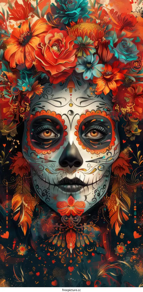 A depiction of a skull with colorful floral elements