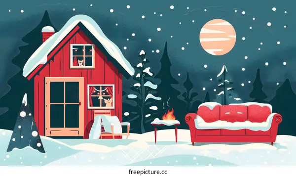 Cozy Winter Cabin Illustration With Red Couch