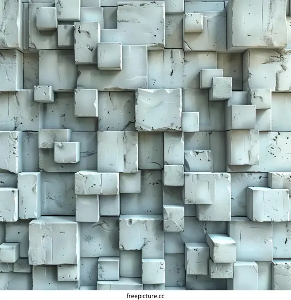 3D rendering of a rough concrete wall with protruding blocks