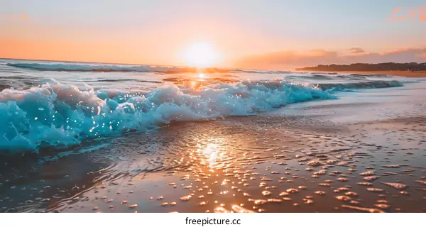 Ocean Wave Crashing on the Beach at Sunset