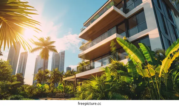 Modern luxury house with pool and tropical garden