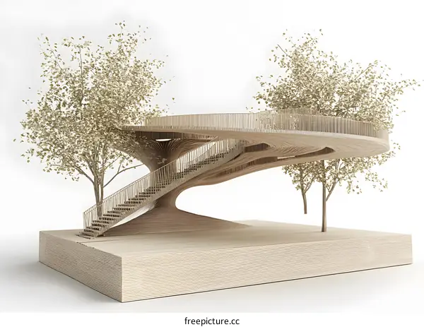 Wooden Bridge Design Model with Curved Stairs and Trees