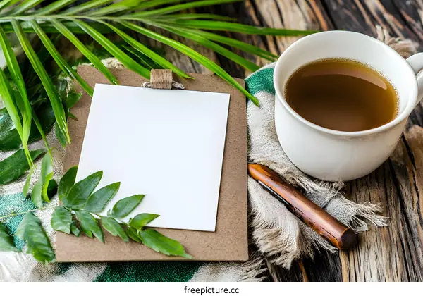 Blank Paper with Green Leaves and a Cup of Tea