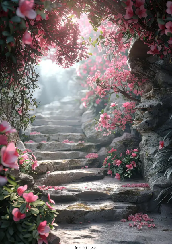 Stone Steps in a Beautiful Garden with Pink Flowers