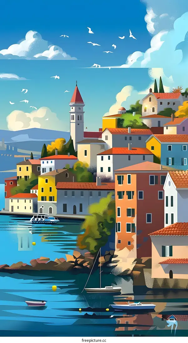 Colorful Houses on the Coast with a Seagull Flight