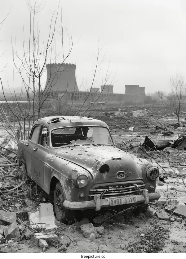 Post-apocalyptic car wreck in a destroyed city