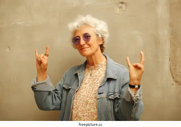 Stylish Senior Woman Rock Gesture Outdoor Portrait