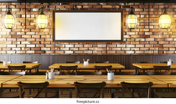 Empty Restaurant with Brick Wall and Wooden Tables