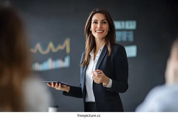 Businesswoman Giving a Presentation with Data Charts