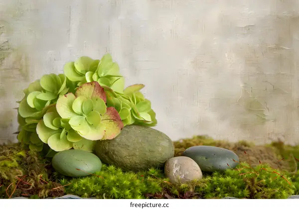 Green Hydrangea Flowers and Stones on Mossy Background