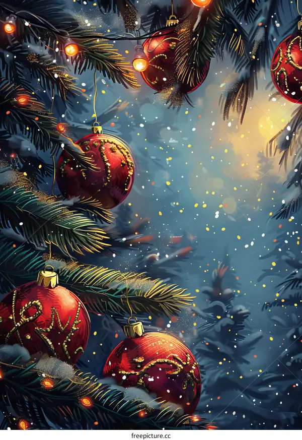 Christmas ornaments hanging on a snowy tree