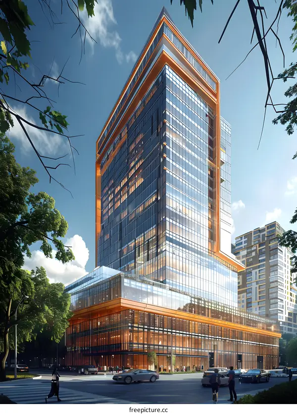 futuristic city with skyscrapers made of glass and steel reflecting the sun