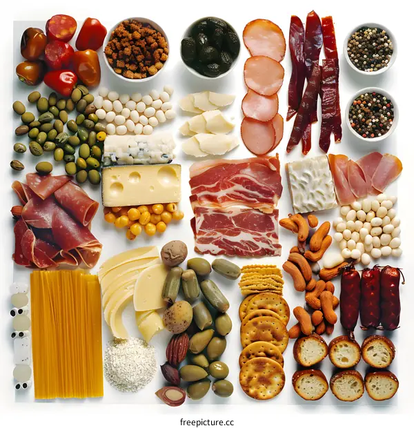Assortment of Food Items Arranged in Grid Pattern