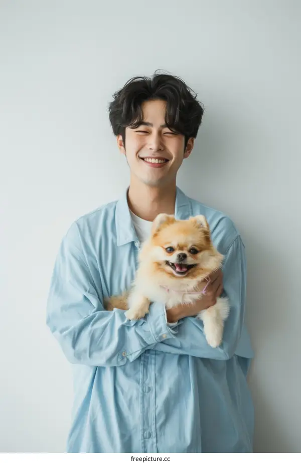 A smiling young man is holding a Pomeranian dog in his arms.